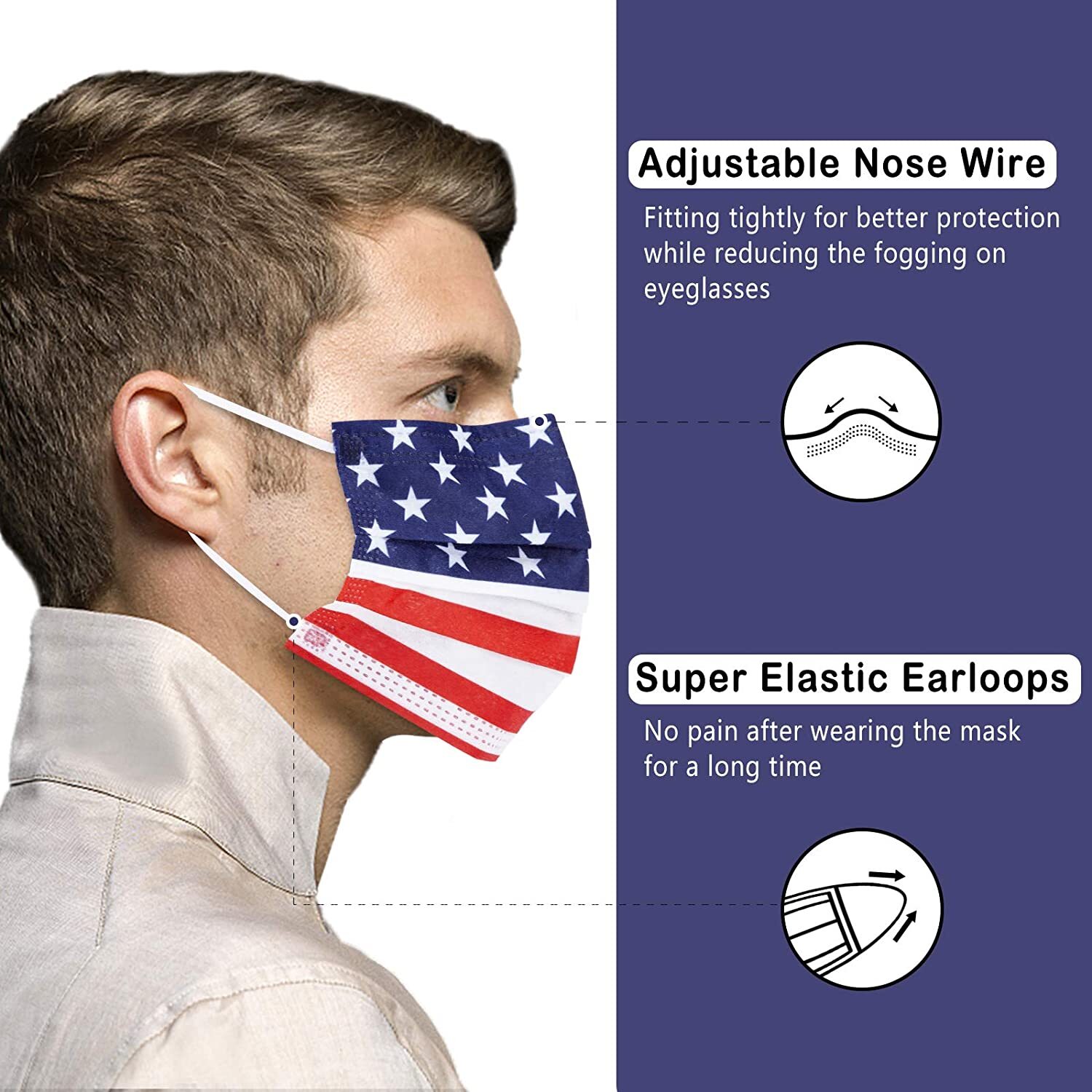 100 PCS Protective 3 Layer USA Flag Face Mask Respirator Disposable Masks BFE95%