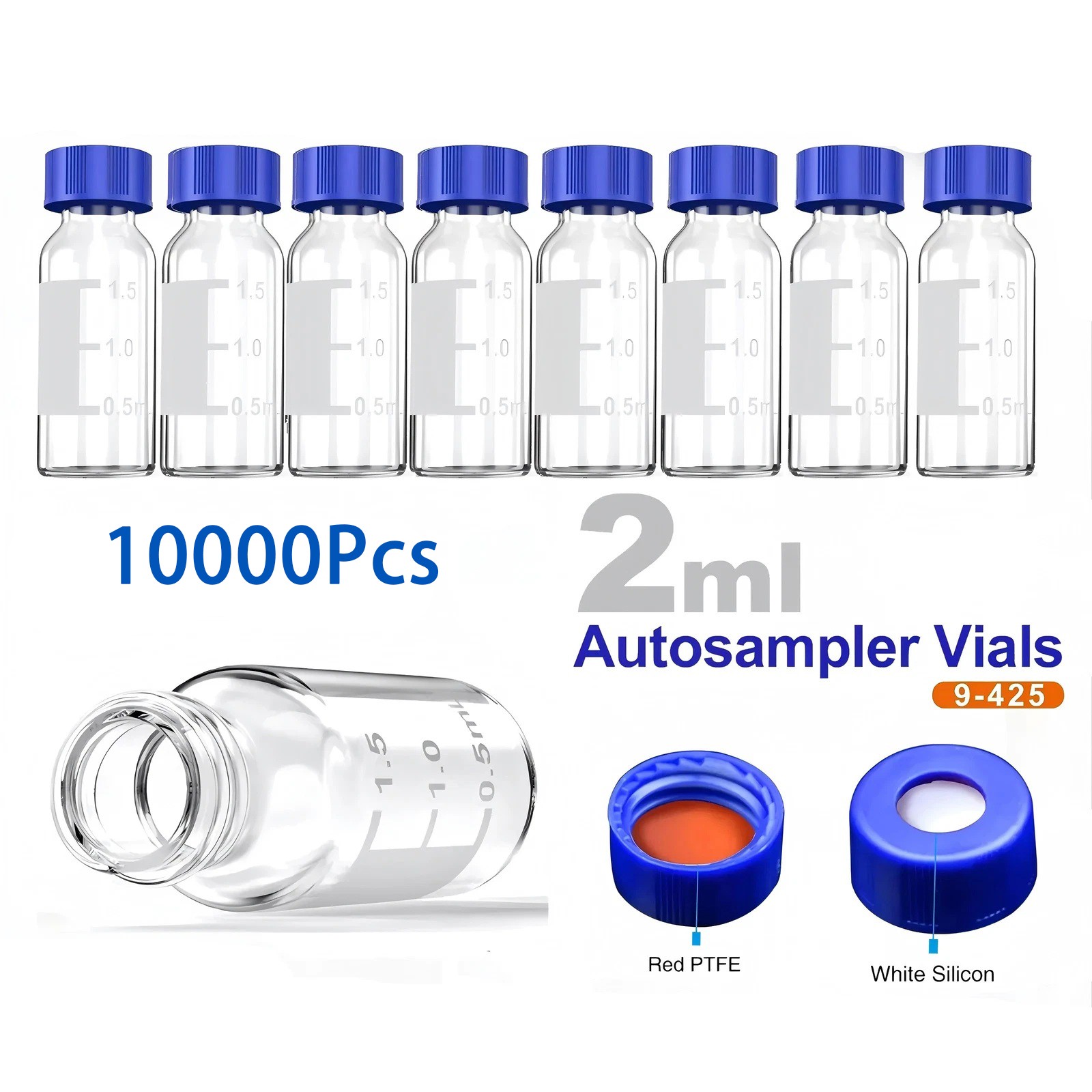 10000Pcs 2ml Autosampler Vial Transparent Sample Bottle with Blue Screw Caps US