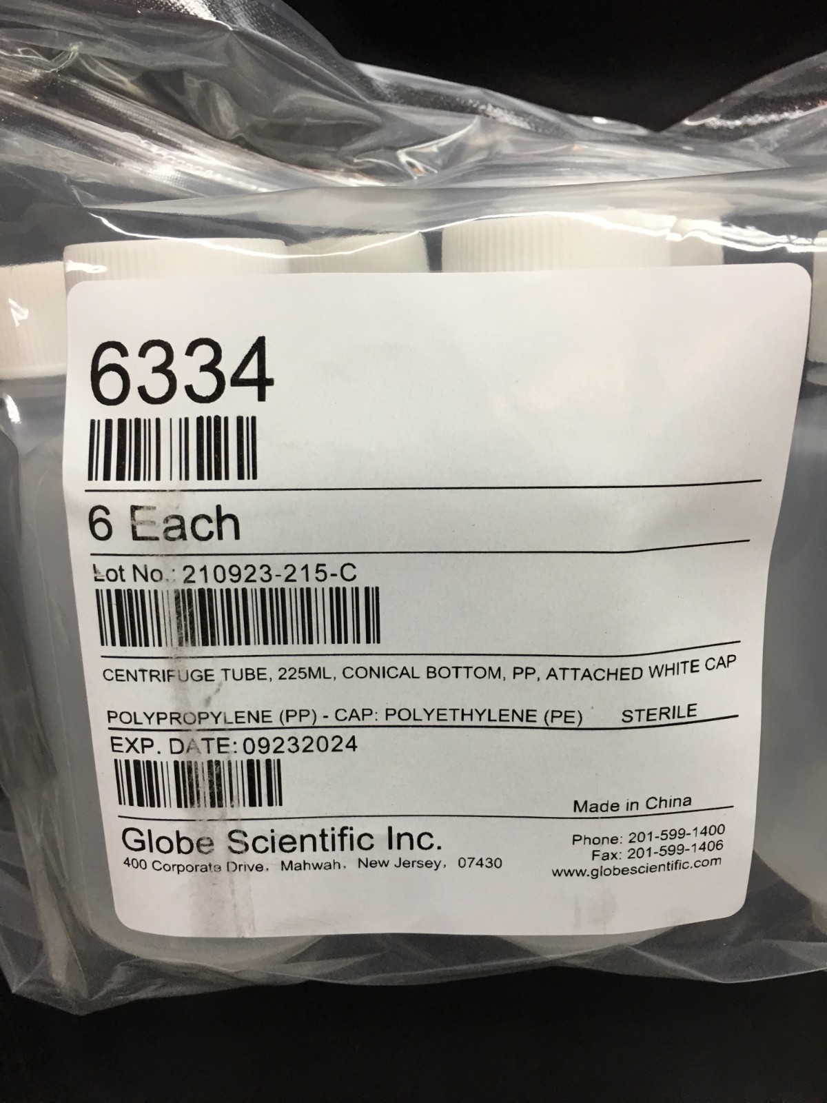 Globe Scientific Inc REF 6334 Centrifuge Tube 225mL Attached White Screw Cap