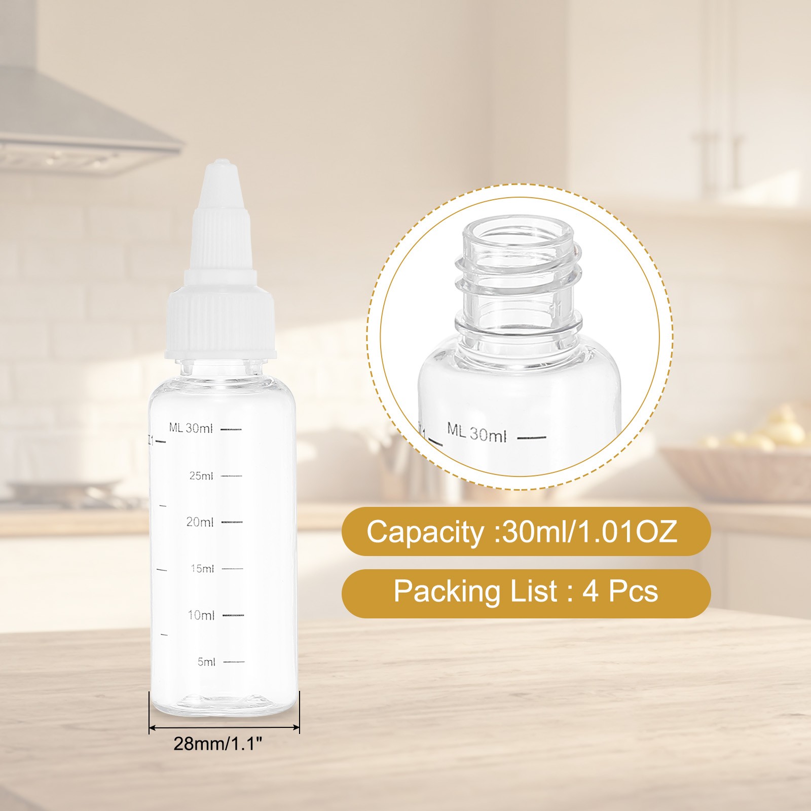 30ml/1OZ Squeeze Bottles with Twist Cap, 4 Pcs Graduated Bottle, Transparent