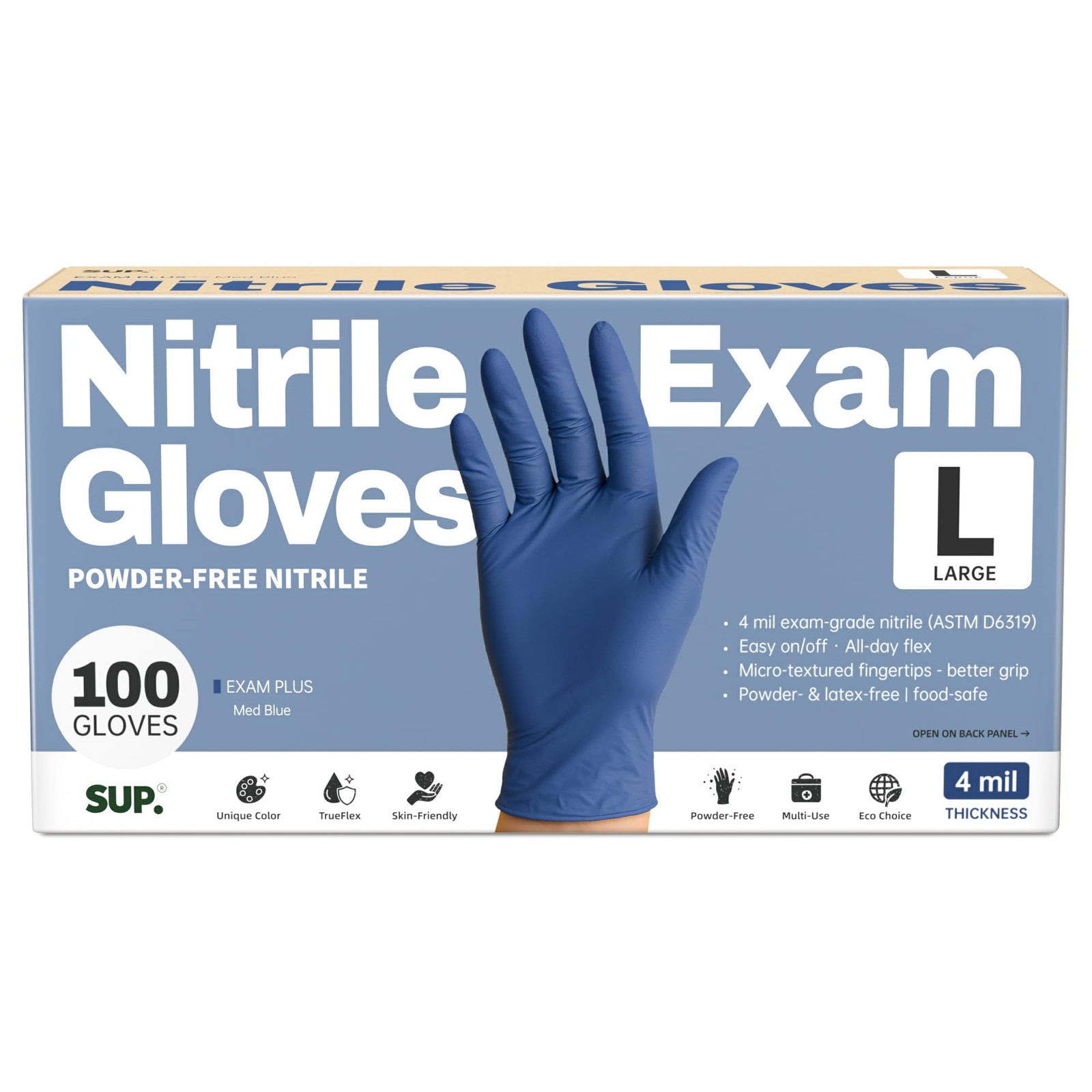 SUP Powder-Free Nitrile Exam Gloves, 100 Count, Large, 100 Large (Med Blue)