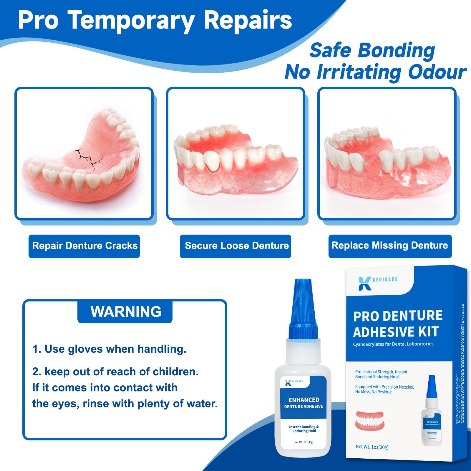 Dental Lab Denture Repair Adhesive Kit, 1oz Instant Bonding Clear