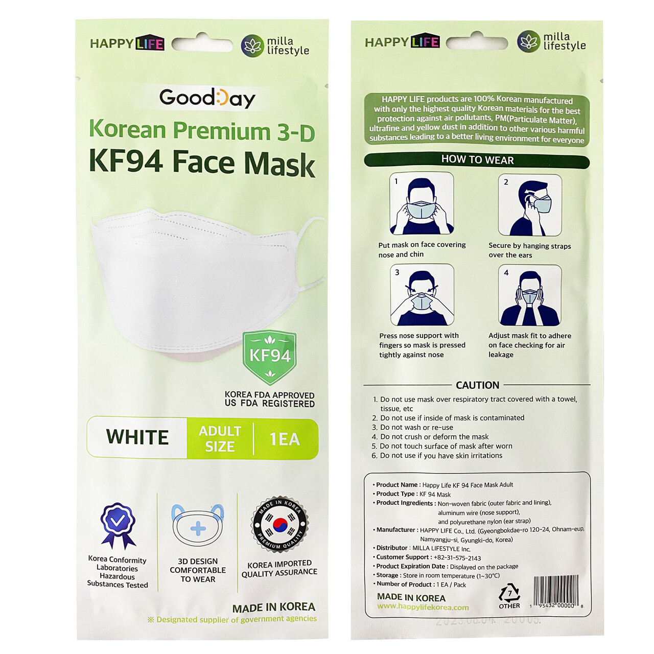 10 PCS KF94 WHITE Protective Face Mask Adult Made in Korea KFDA Approved