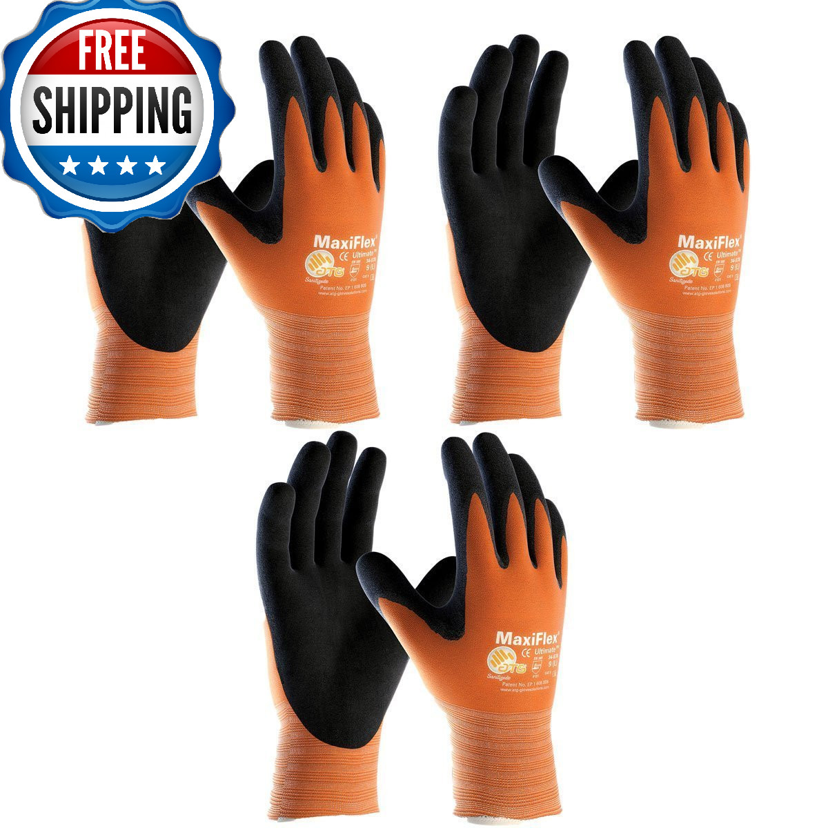 ATG 3 Pack MaxiFlex Ultimate Hi-Vis Work Gloves 34-8014, X-Large (S-XL)