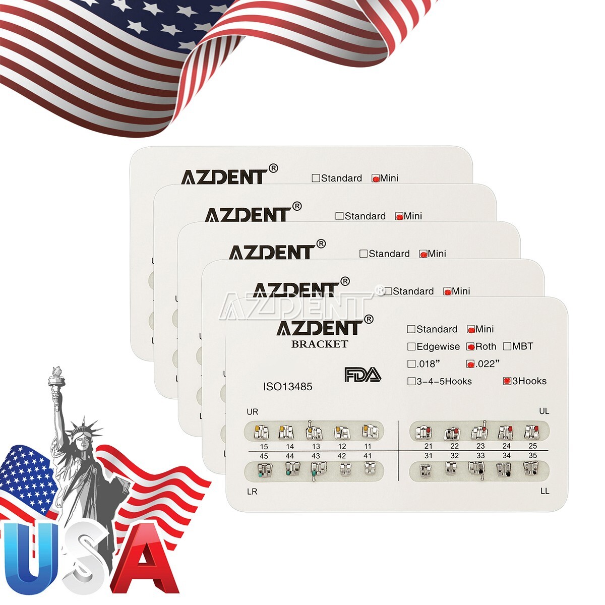 AZDENT Orthodontics Dental Brackets Braces Mini Roth Slot.022″ Hooks 3 Metal