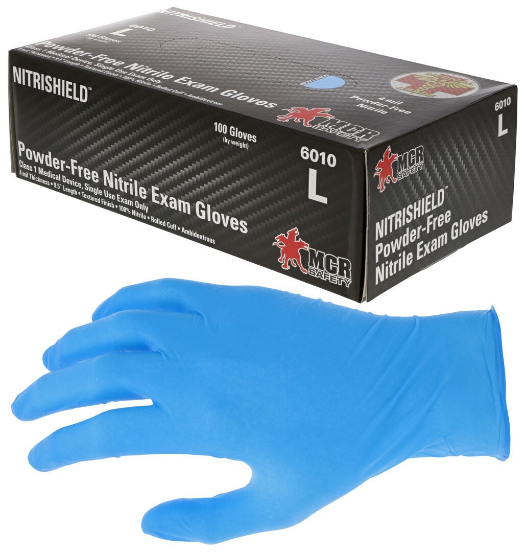 MCR Safety 6010 L NITRISHIELD POWDER-FREE Nitrile EXAM Gloves, 4 Mil, 10 boxes