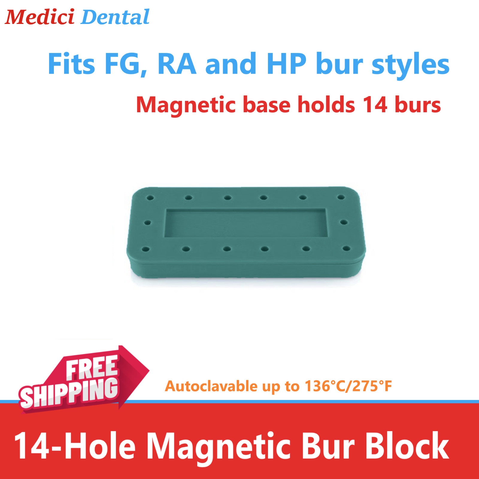 Dental Bur Block Magnetic RECTANGULAR Lab Holder Station Hold 14 Burs FG, HP, RA