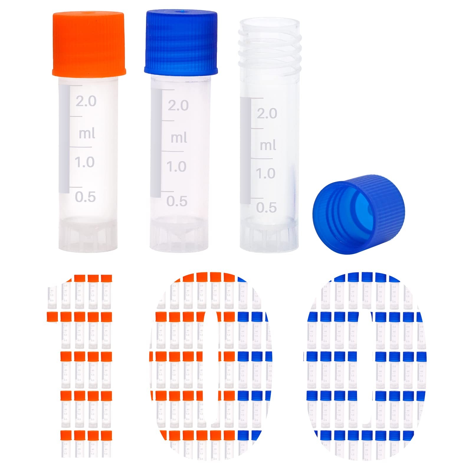 NAOEDEAH 100 Pcs 2ml Plastic Vials with Caps – Lab & Test Blue, Orange