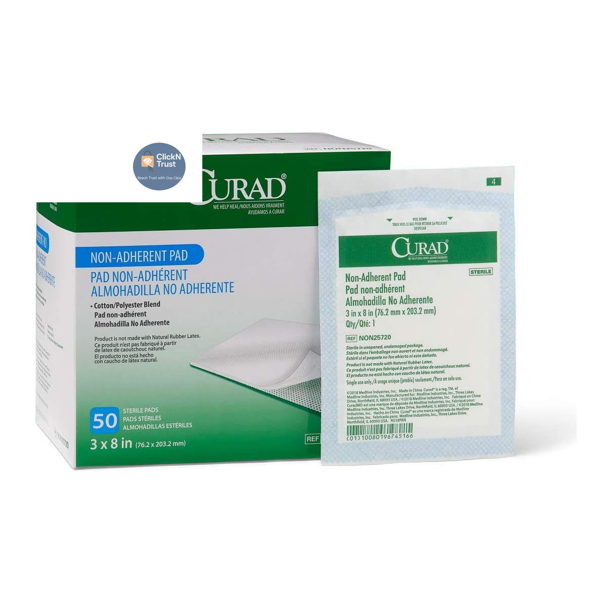 CURAD Sterile Non-Adherent Pad, 3×8 (Pack of 50) 3″ x 8″, White