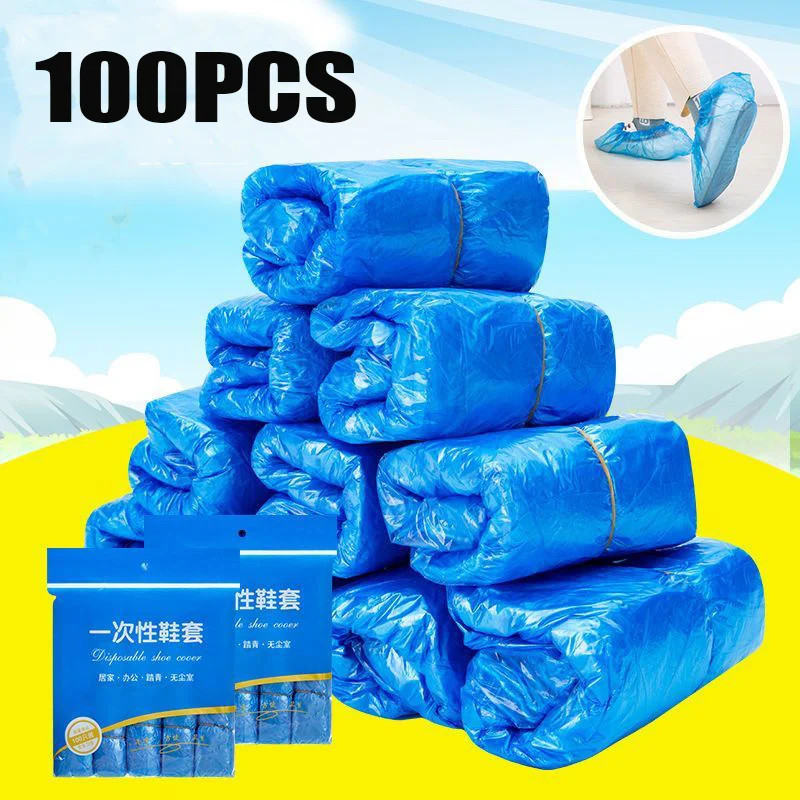 100PCS Portable Waterproof Boot Covers Plastic Non-Slip Wear Disposable Shoe Cov