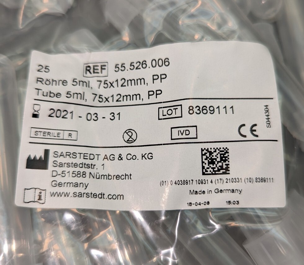 SARSTEDT 55.526.006 12 X 75MM TUBE 5ML ROUND BOTTOM POLYPROPYLENE 25/bag