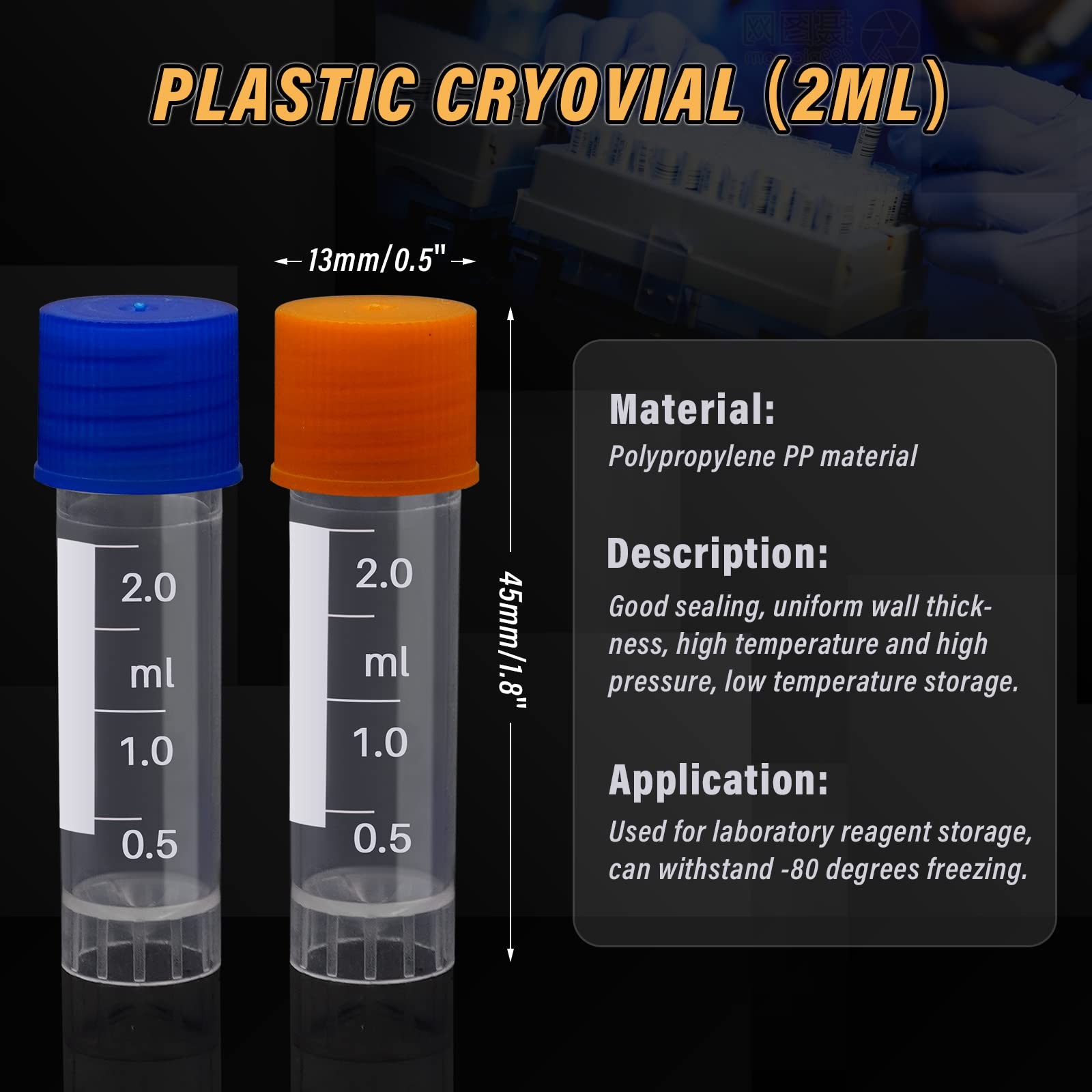 NAOEDEAH 100 Pcs 2ml Plastic Vials with Caps – Lab & Test Blue, Orange