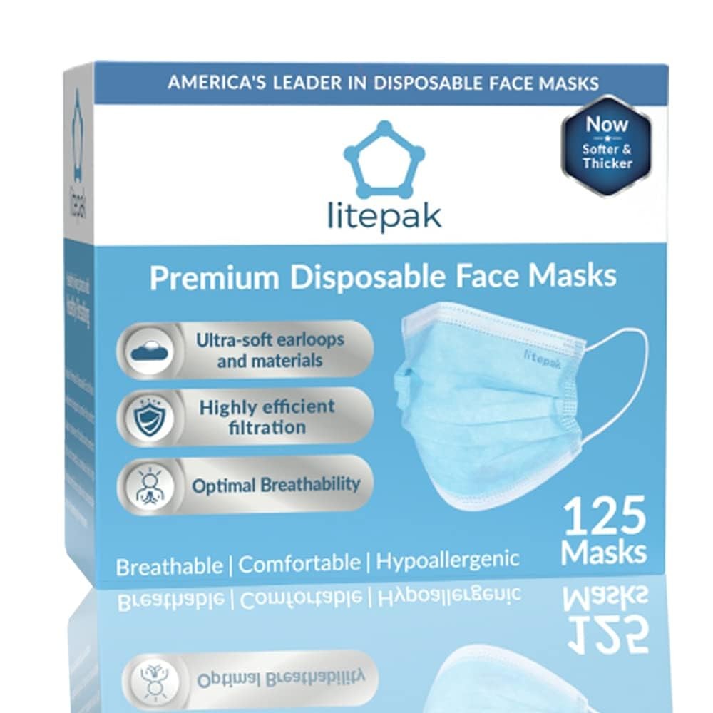 Litepak 125-Pack Disposable Face Mask Premium 1 Count (Pack of 125), Blue