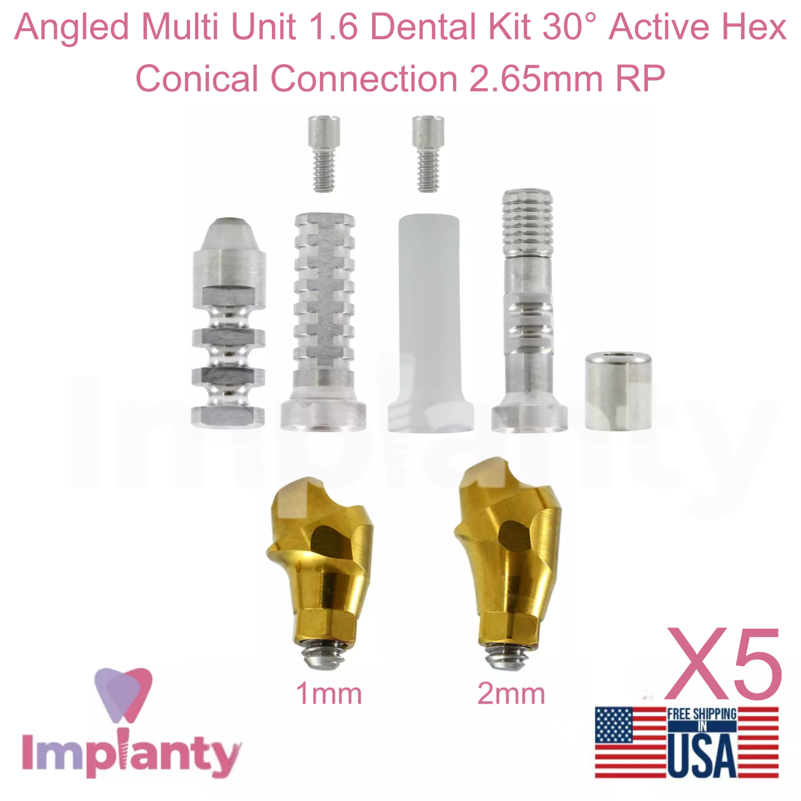 5x Angled Multi Unit 1.6 Dental Kit 30° Active Hex Conical Connection 2.65mm RP