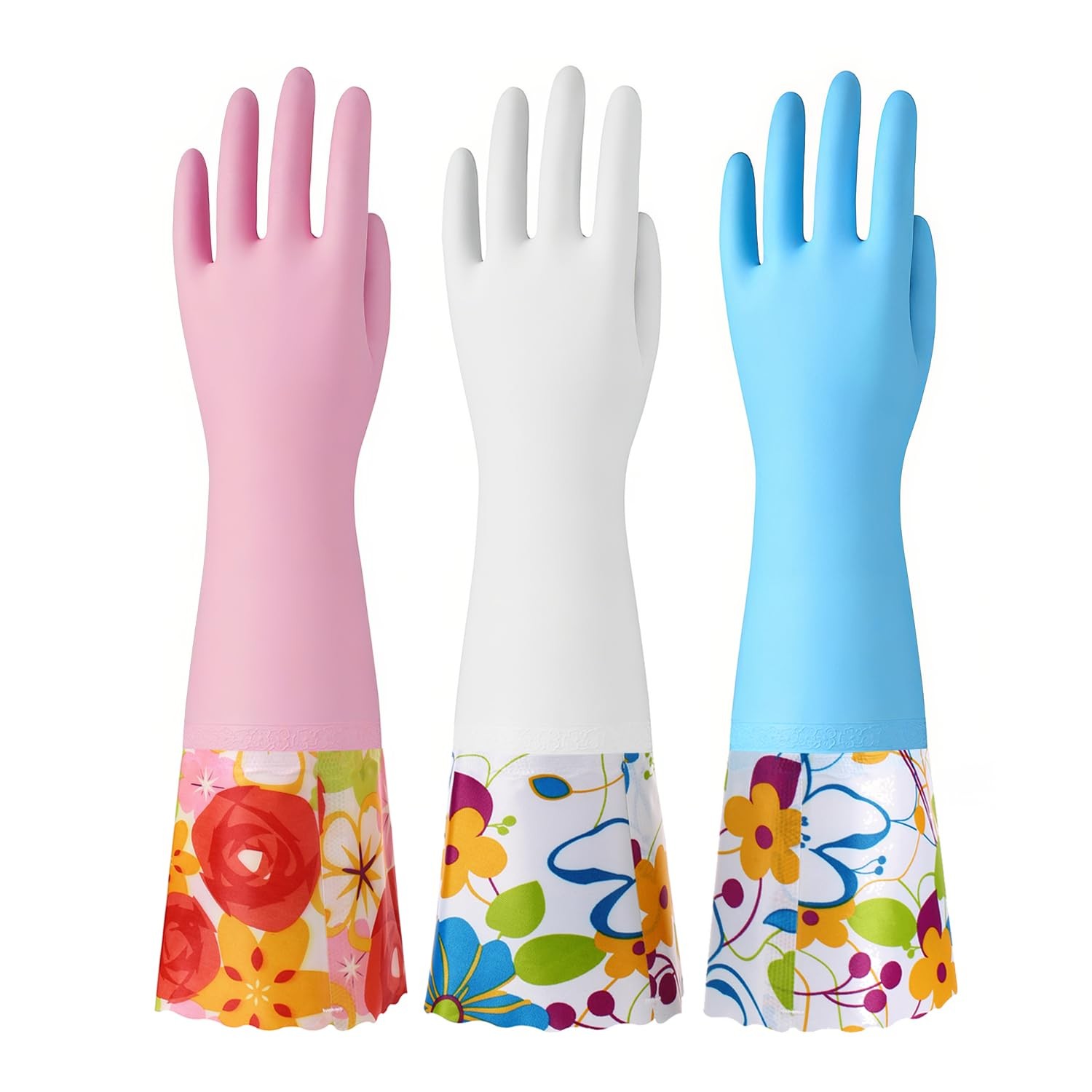 3 Pairs Rubber Cleaning Gloves, Household Kitchen Dishwashing Gloves with Cot…