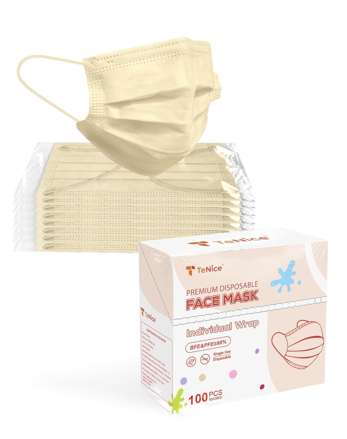 100 Pack Disposable 4 Ply Face Masks – ASTM Level 3 Protection, Beige