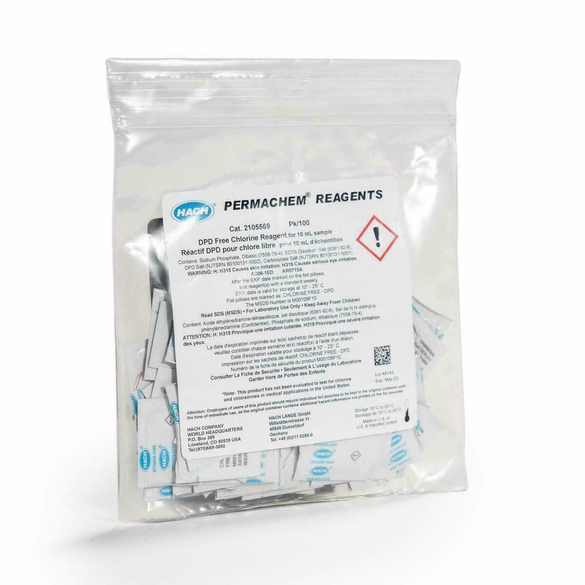Hach 2105569 DPD Free Chlorine Reagent Powder Pillows, 10 mL, (Pack of 100) new
