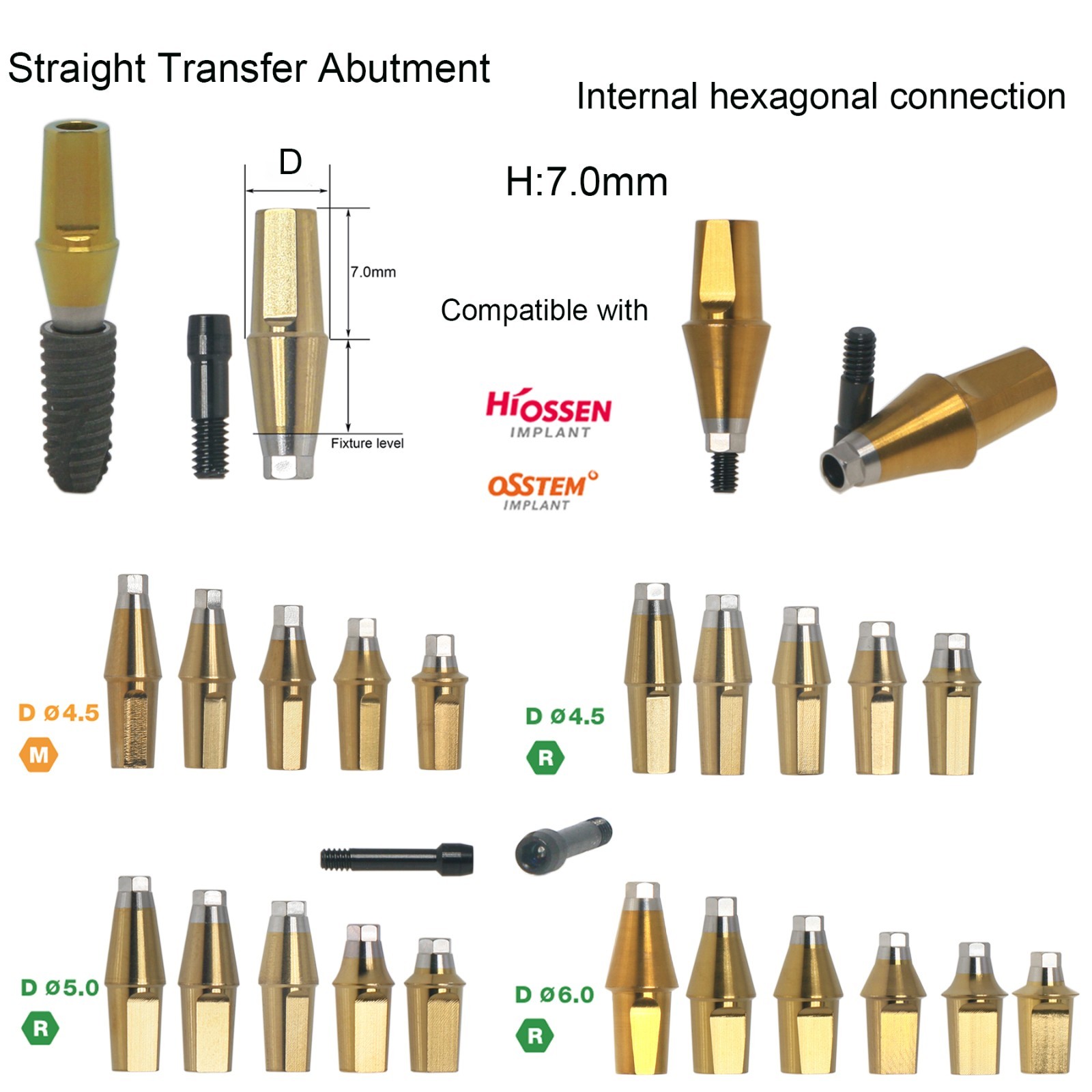 Hiossen Mini/Regular Straight Abutment 7mm H W/Screw Internal Hex System Dental