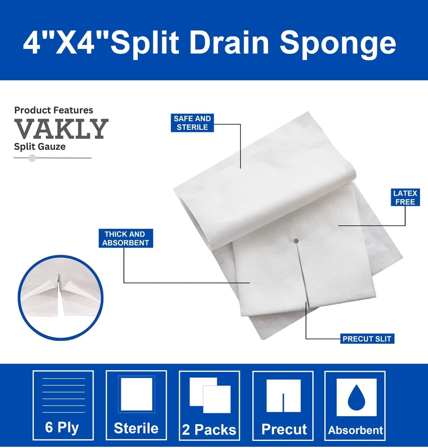 Vakly Split Gauze Drain Sponges 4″ x Sterile 6-Ply (100 Pack) – 4×4 Inch
