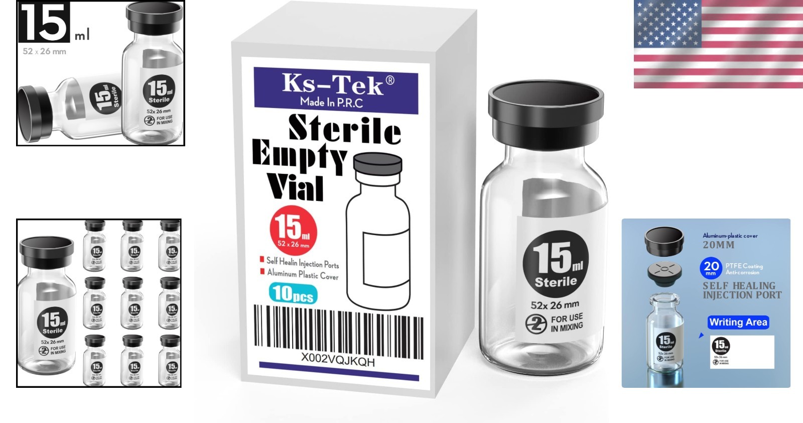 Sterile Empty Vials 15ml with Self Healing Injection Port for Laboratory Use