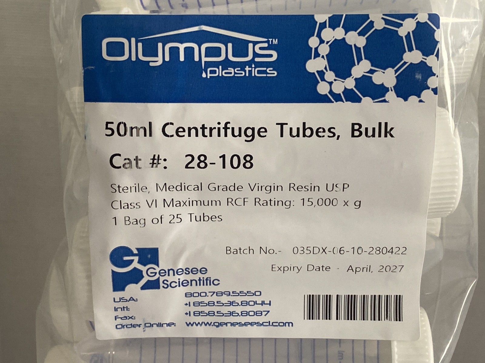 (75) OLYMPUS 15mL & 50mL PP Graduated Conical Centrifuge Tubes 28-108 21-101