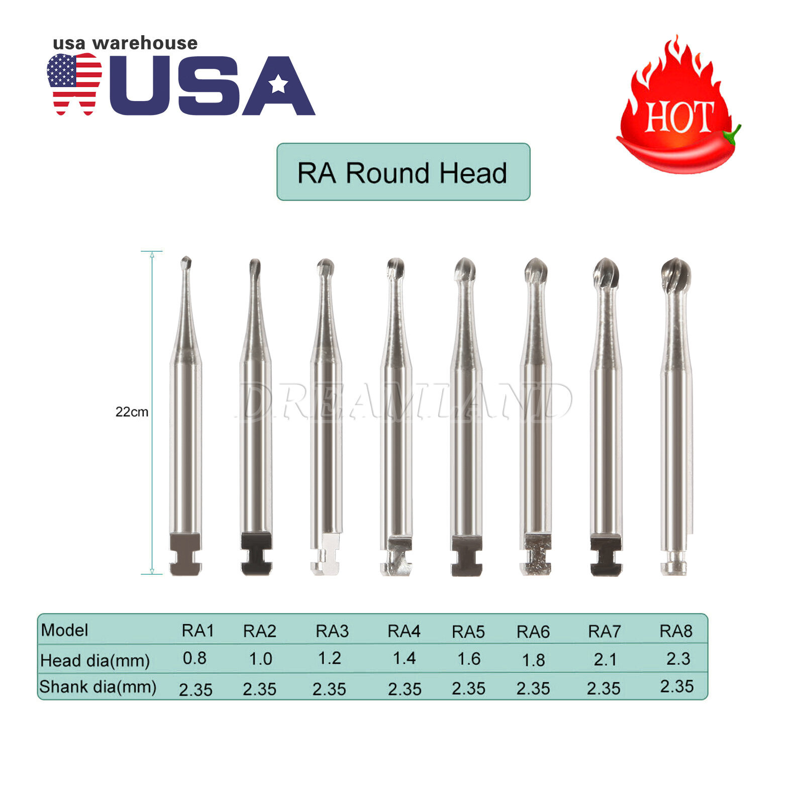 Dental Round Latch Carbide Bur RA 1 2 3 4 5 6 7 8 Midwest For Low Speed