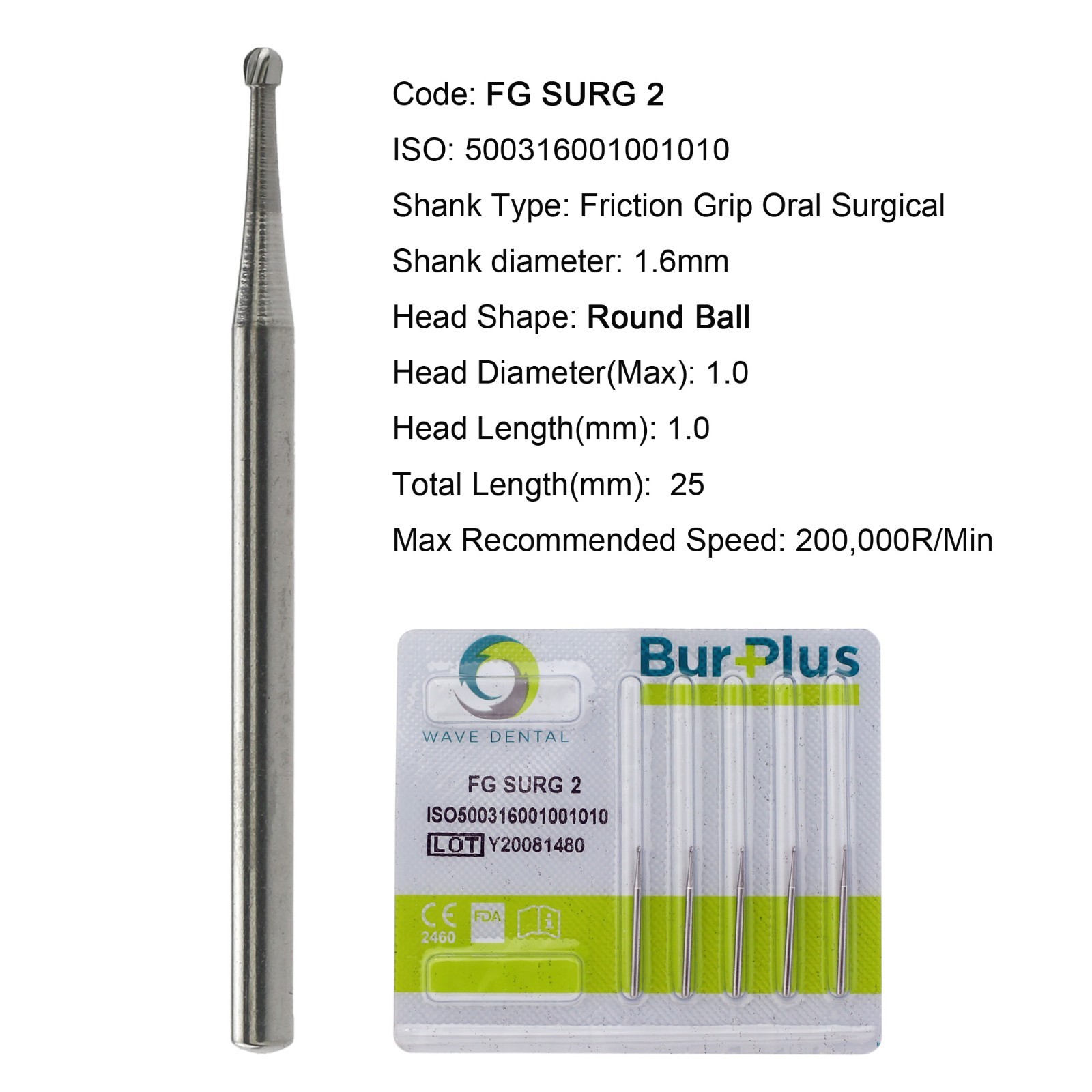 Wave Dental Surgical Carbide Burs Round 25mm FG SURG 2 High Speed Friction Grip