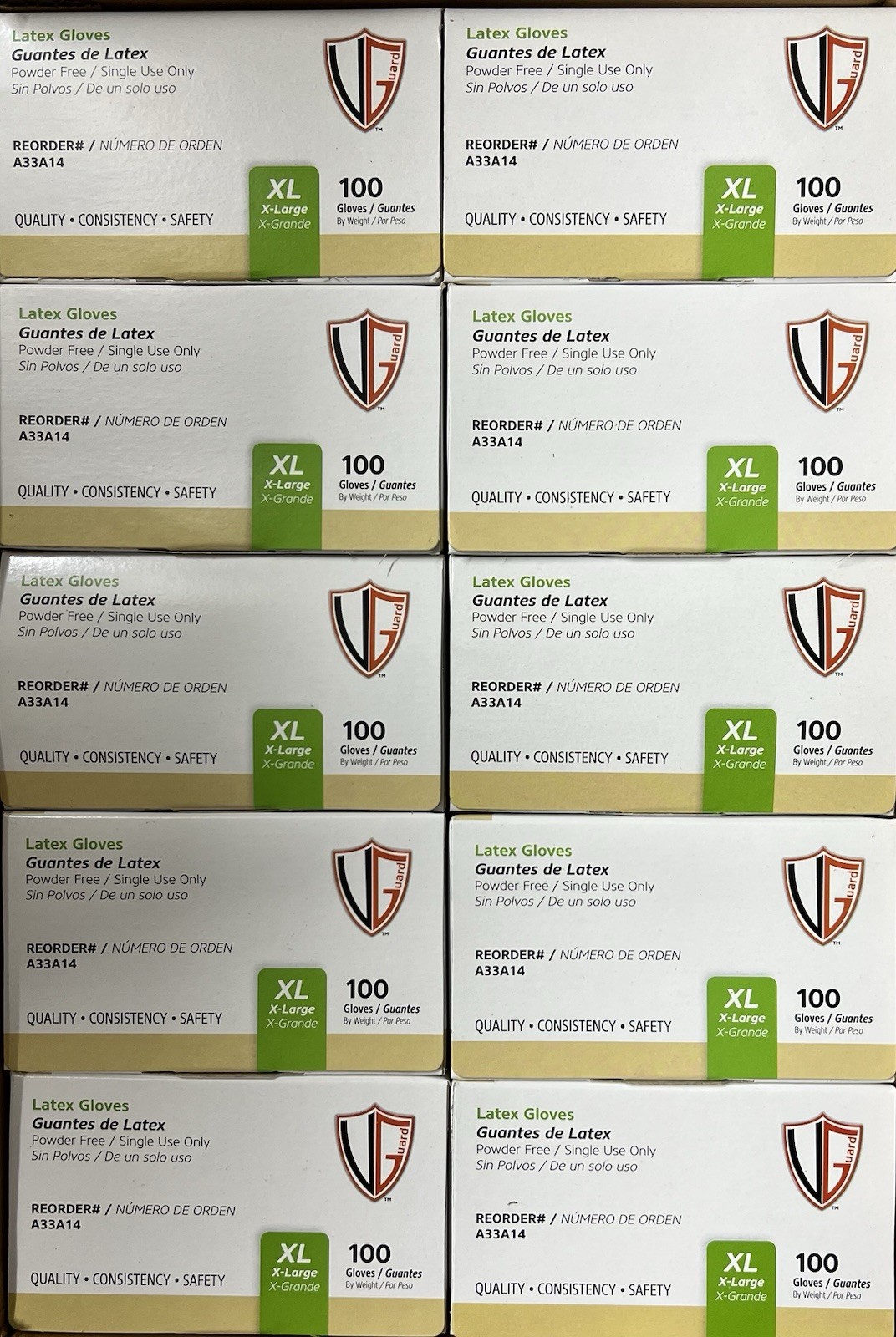 VanGuard A33A14 Case of 1000 Latex Industrial Gloves, Powder-Free, Size X-Large