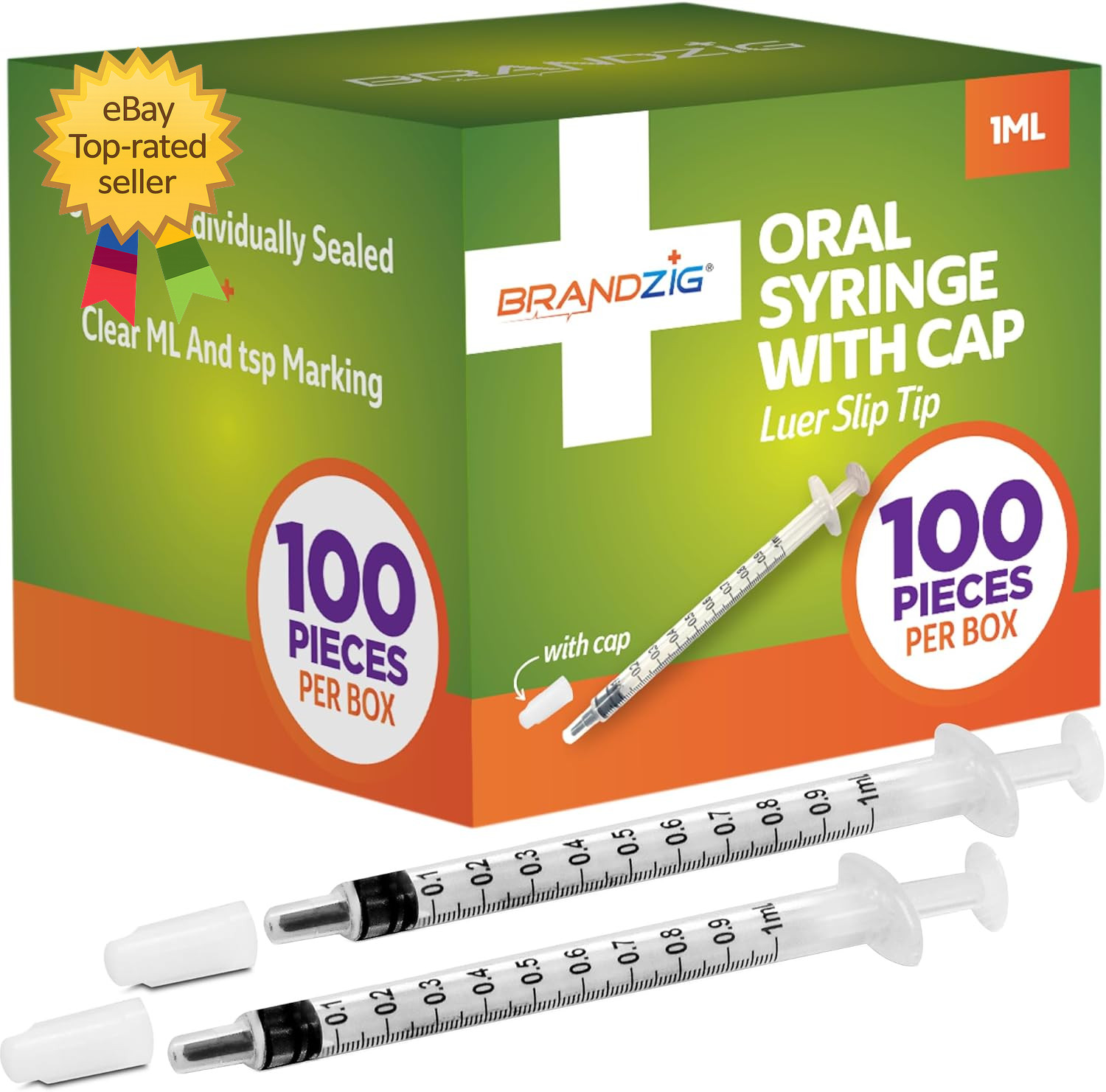 1Ml Syringe with Cap (100 Pack) Oral Dispenser without Needle Luer Slip Tip