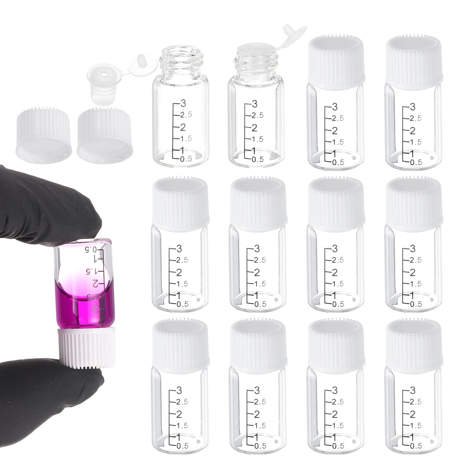12 Pcs Clear Glass Graduated Vials, 3ml Small Liquid Sample Vial, White