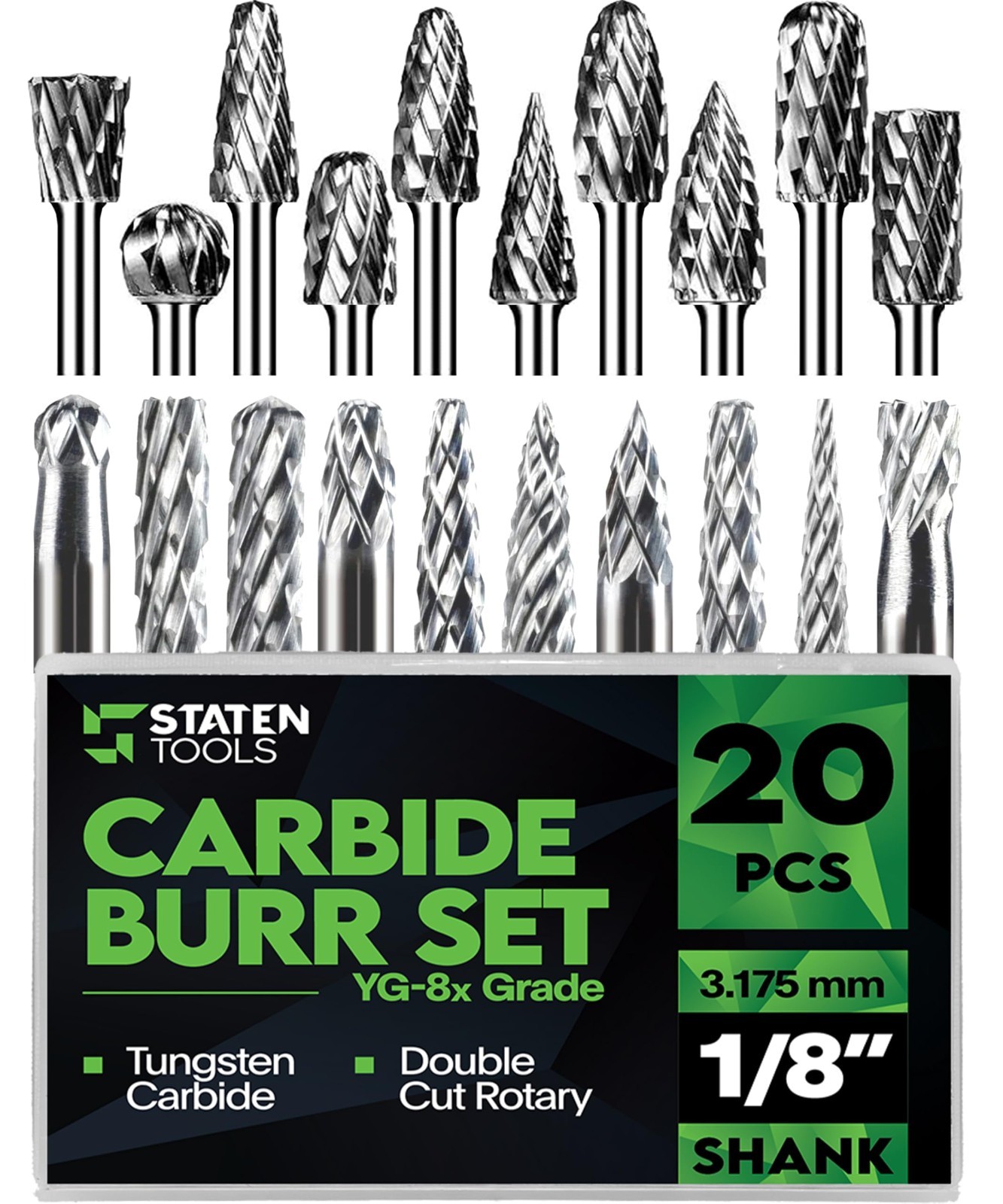 20 Pcs Carbide Bur Set – 1/8″ Shank Double Cut Bits for Milling, Carving, Engrav
