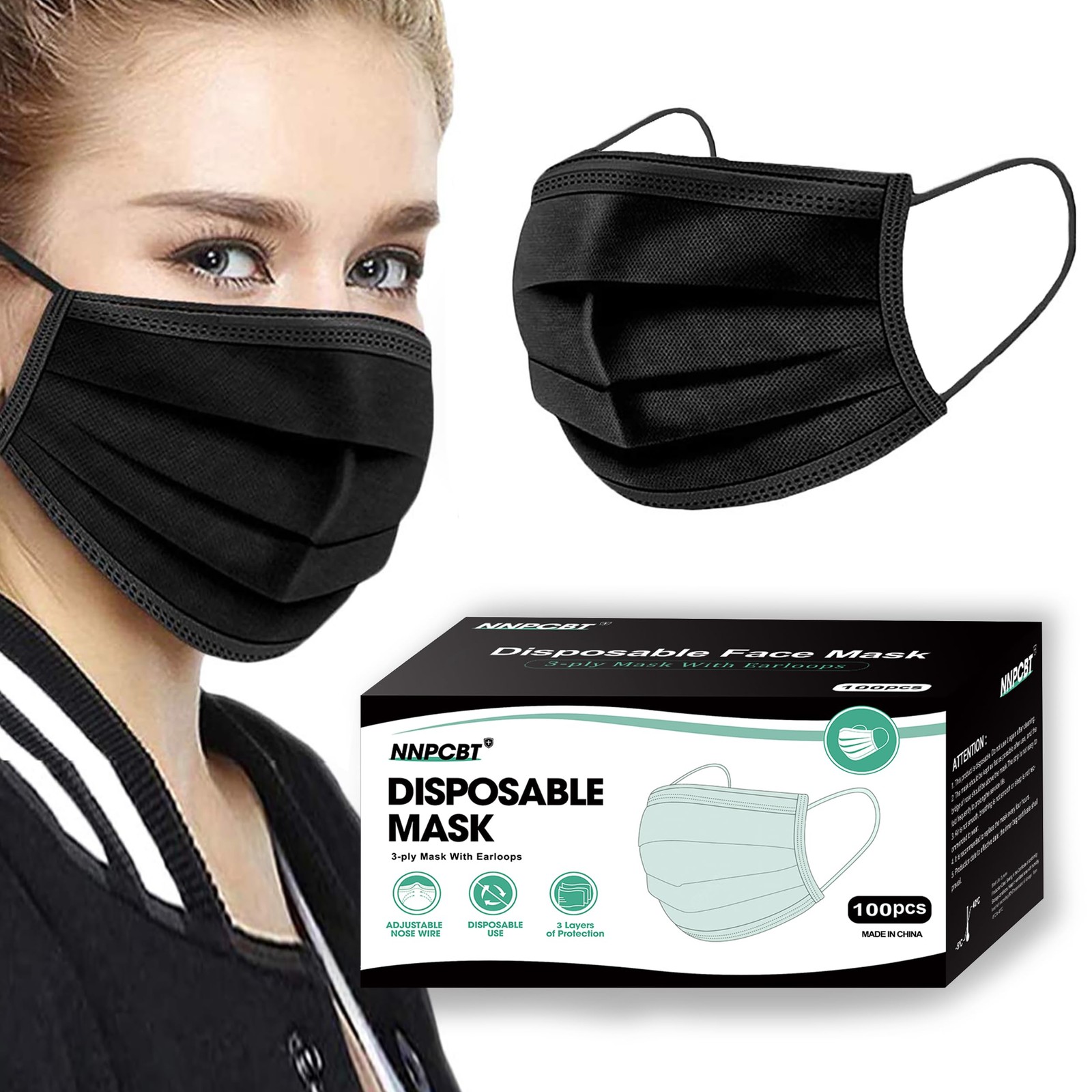 100PCS 3 Ply Black Disposable Face Mask Filter Protection Face Masks