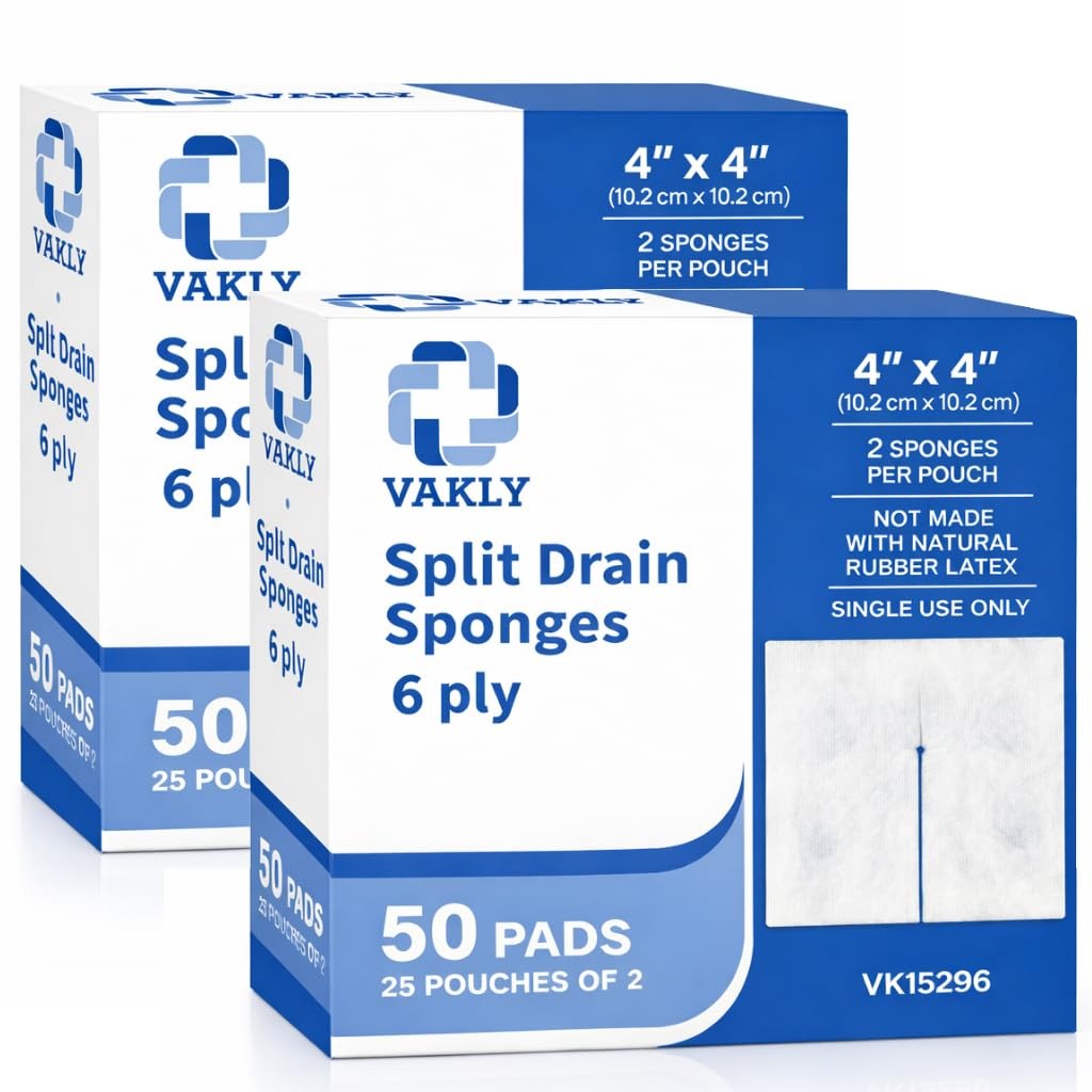 Vakly Split Gauze Drain Sponges 4″ x Sterile 6-Ply (100 Pack) – 4×4 Inch