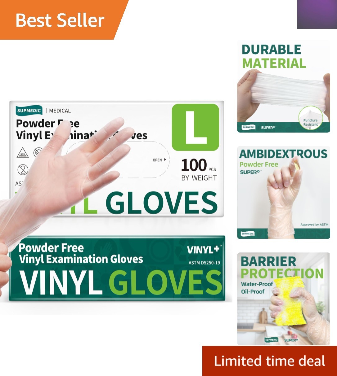 Vinyl Exam Gloves – 100 Ct, Large, Latex-Free, Powder-Free, Food-Safe