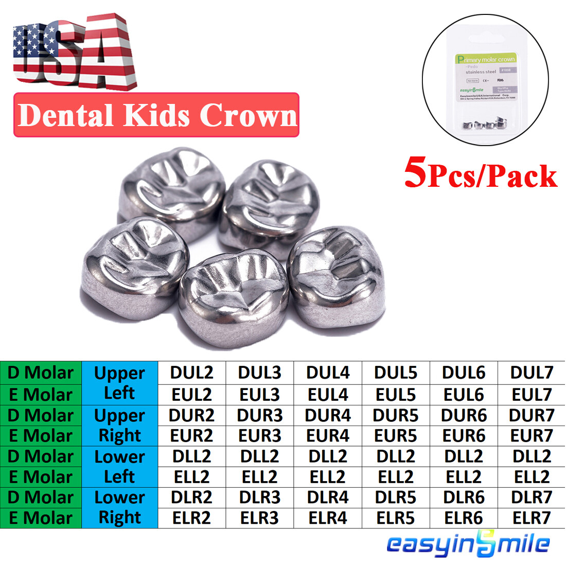 5pc Dental crown for kid temporary molar stainless crown UL-UR-LL-LR EASYINSMILE