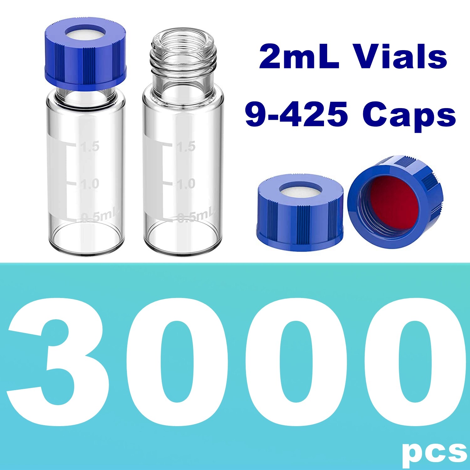 3000PCS 2ml Autosampler HPLC Clear Vials Writing Area 9-425 Screw Cap PTFE Septa