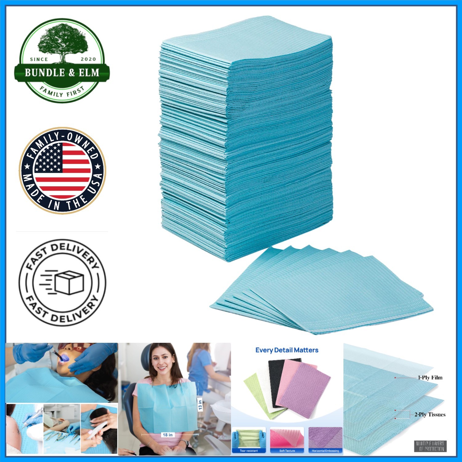 3-Ply Patient Bibs 13″ x 18″ in Blue, Disposable and Strong for Multiple Uses