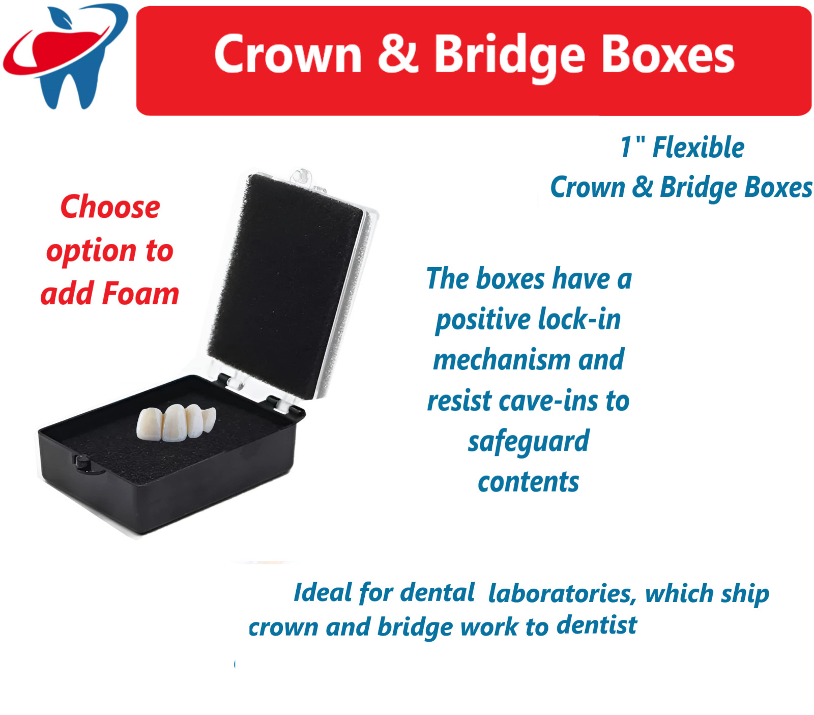 Dental Flexible Crown Box 1″ Inch, Blue, White w/Foam, Lab Shipping Boxes 1/200