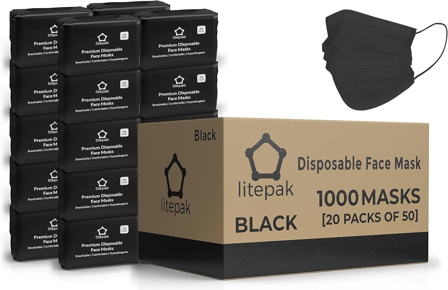 Bulk 1000 Black Disposable Face Masks Adult Lightweight Stretchy Earloop