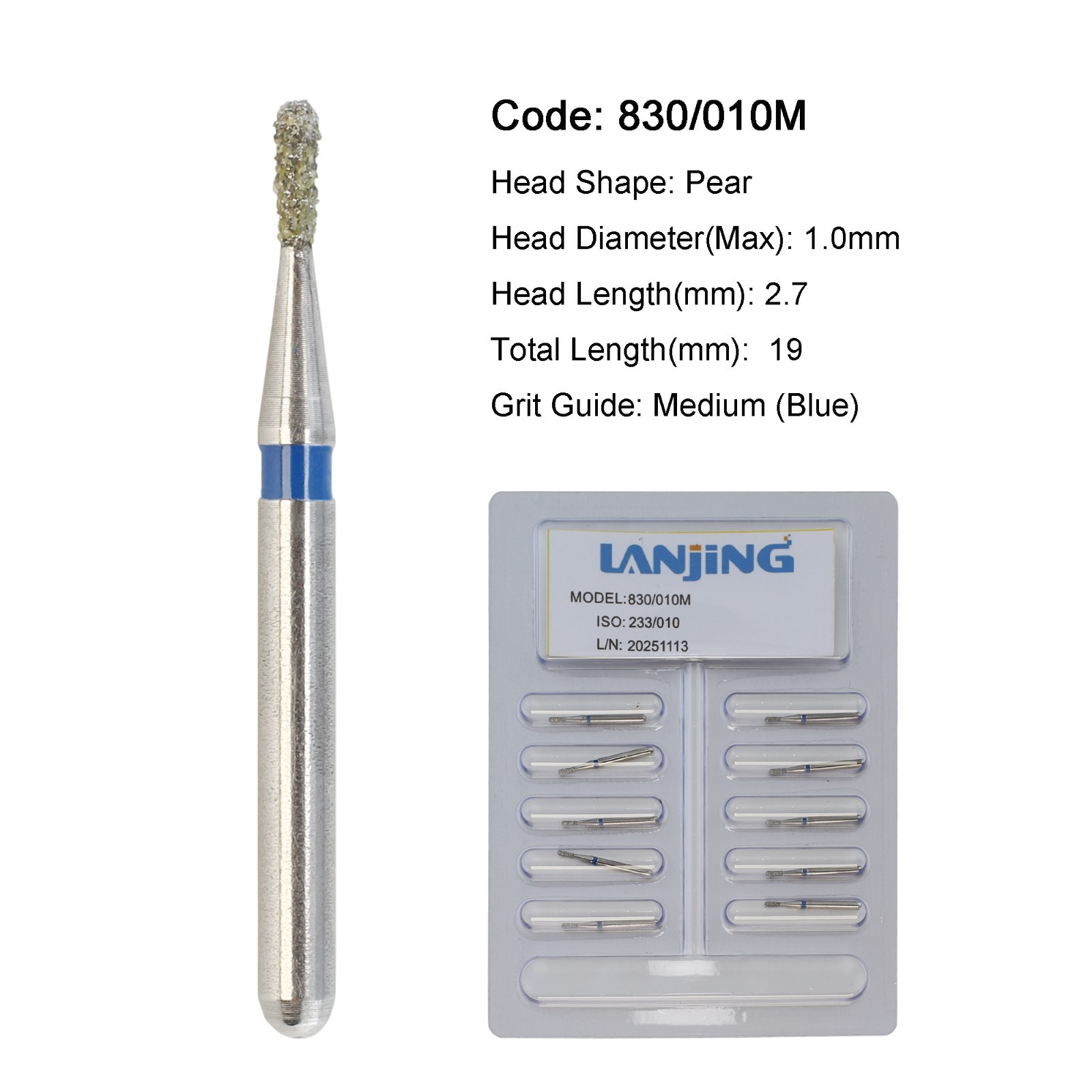 Dental Diamond Burs Pear FG 830/010M Medium Grit for High Speed Friction Grip