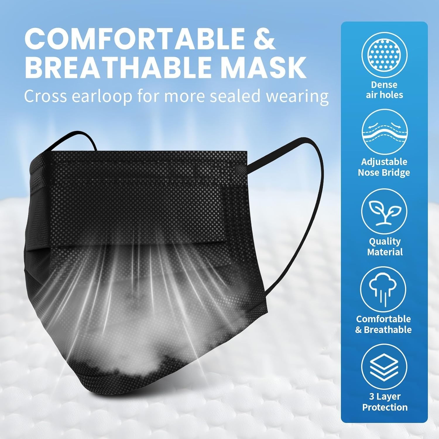3-Ply Disposable Face Masks, 100 PCS Black Masks for Daily Protection
