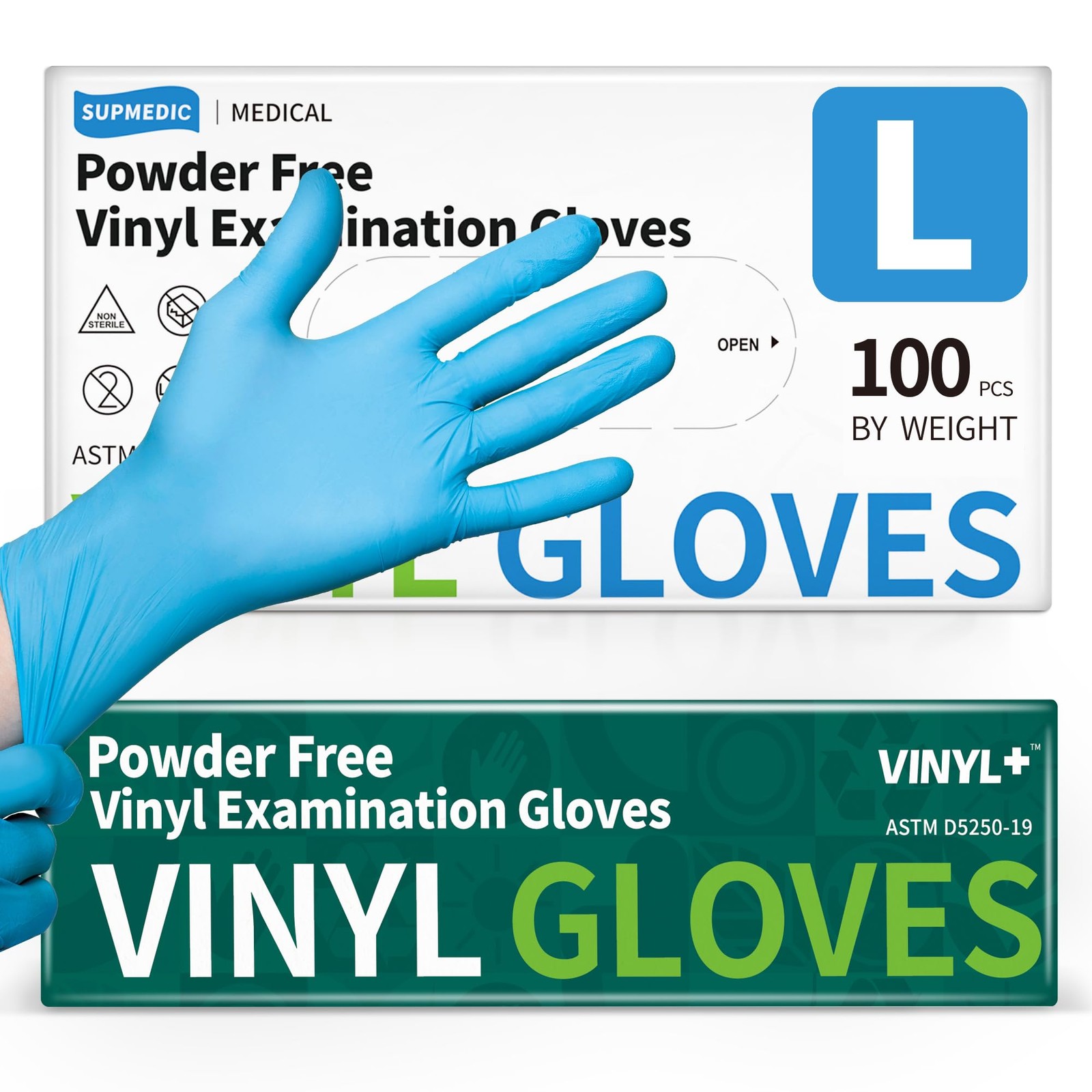 Supmedic Vinyl Disposable Exam Gloves, 4 Mil Large, 100 Large (Blue)