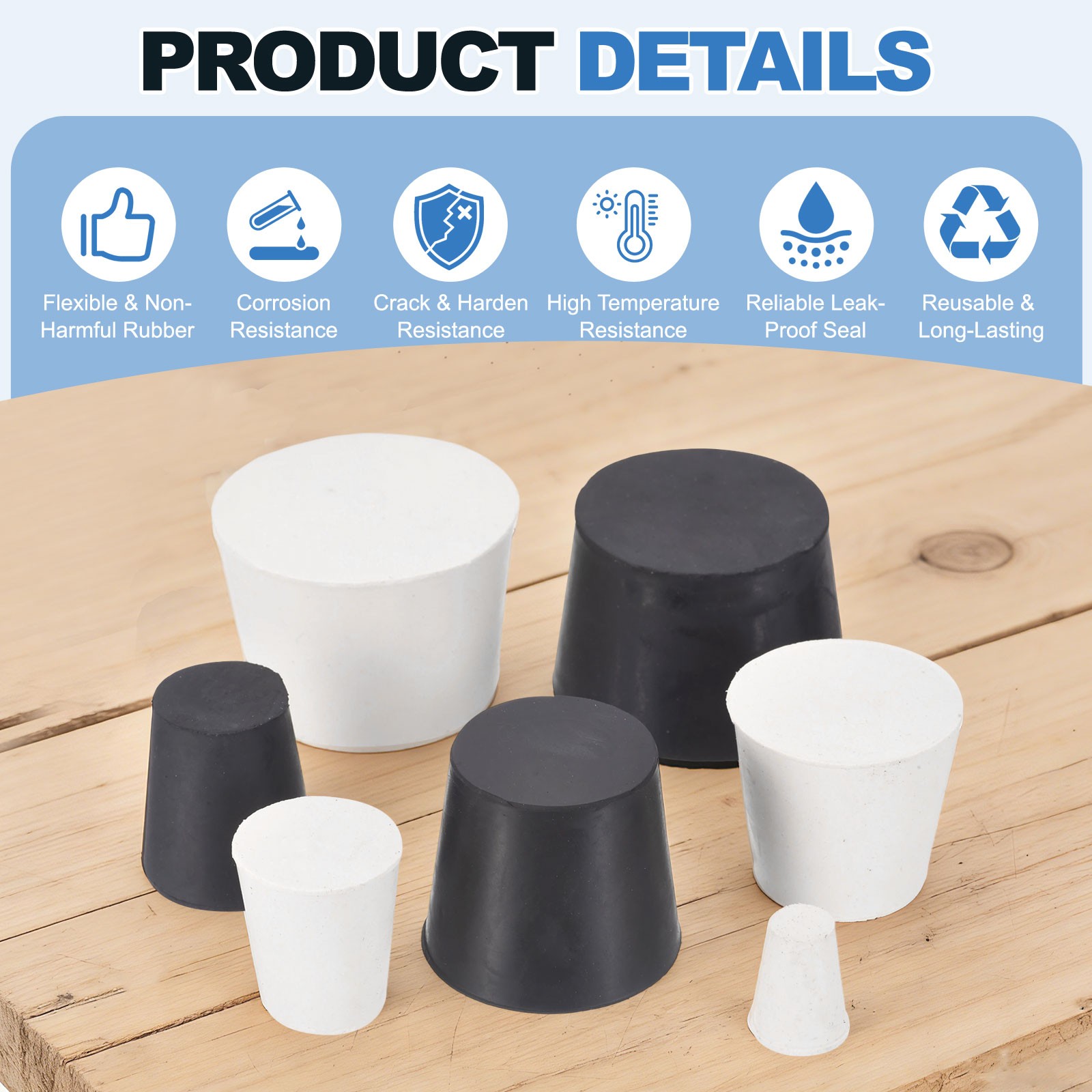 24 Pcs Solid Rubber Stopper Size 000#-13mm x 8mm – 17mm Long, Black/White