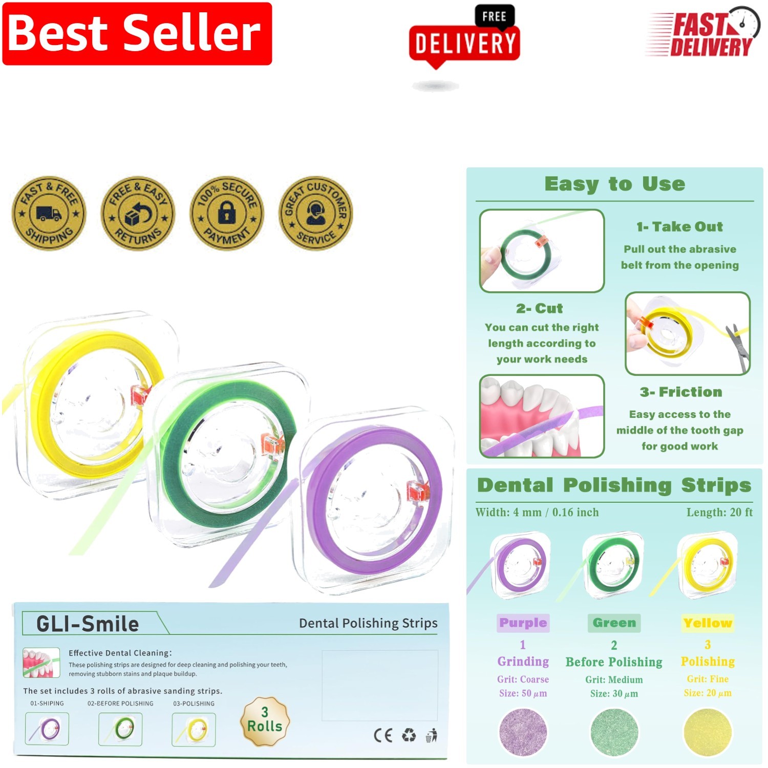 3 Rolls of Dental Polishing Strips for Whiter Smiles – Travel-Friendly
