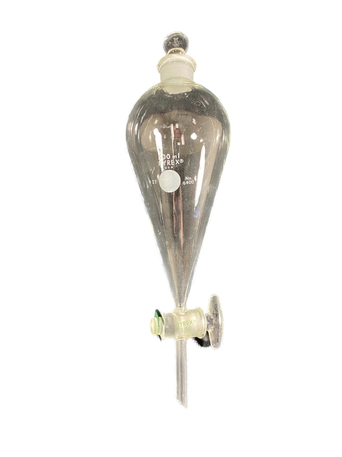 PYREX Glass 500mL Squibb #27 Stopper 4mm Stopcock Separatory Funnel 6400-500