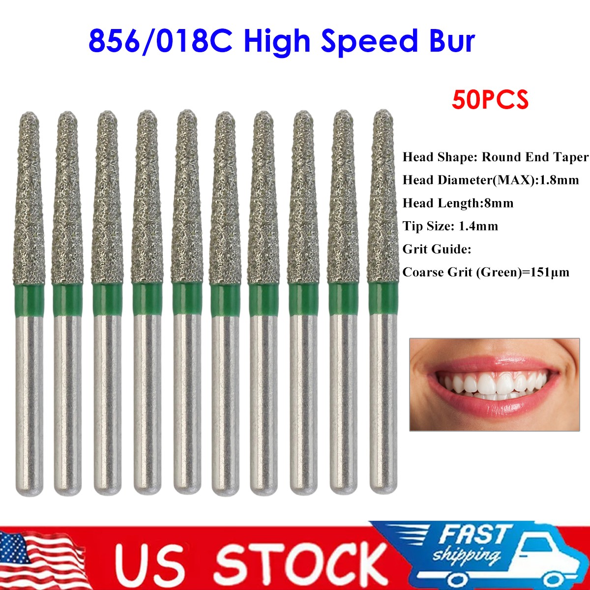 Diamond Burs FG 856/018C Round End Taper Coarse Grit Green Friction Grip 50PCS