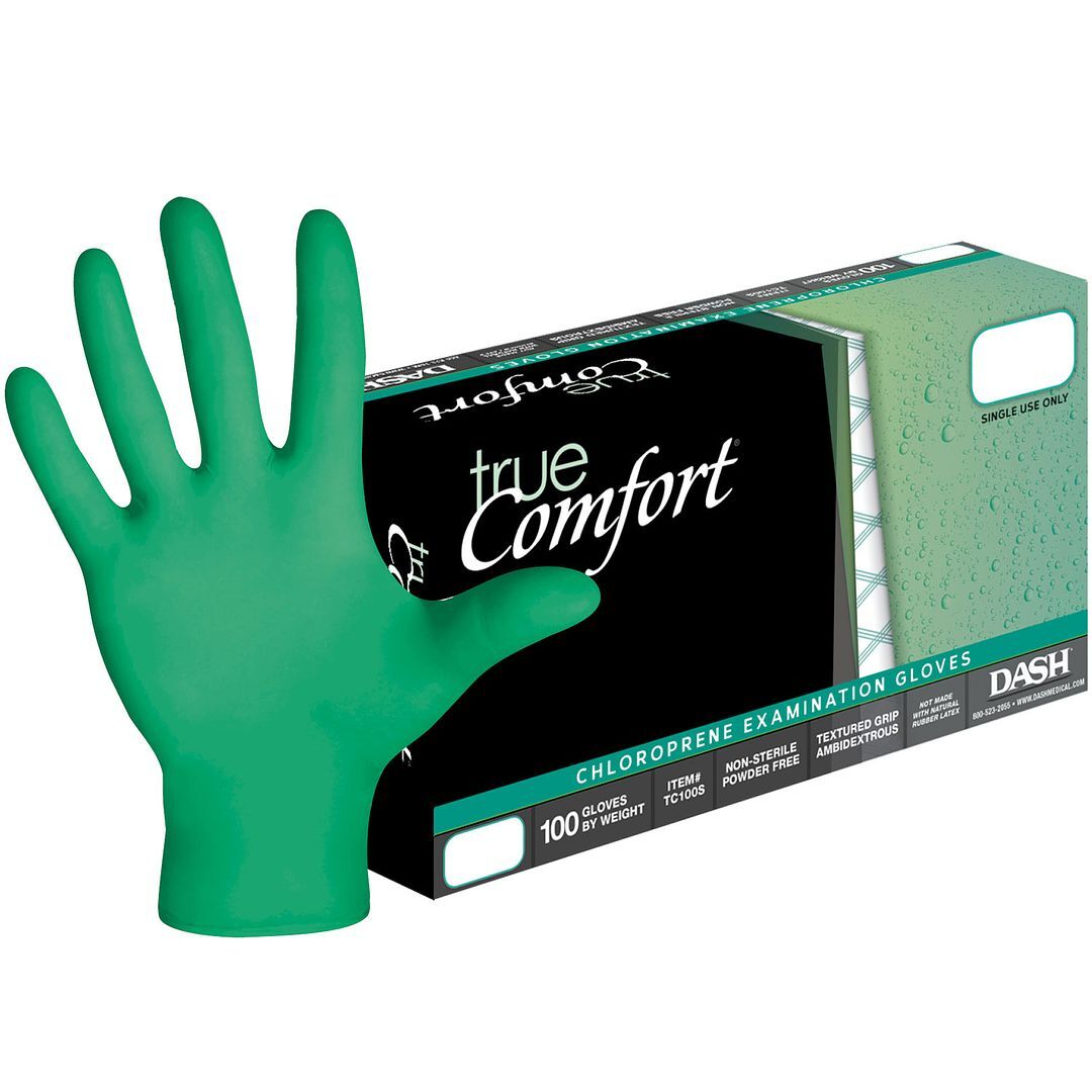 True Comfort Polychloroprene Exam Gloves, Large, Green, 100/Box