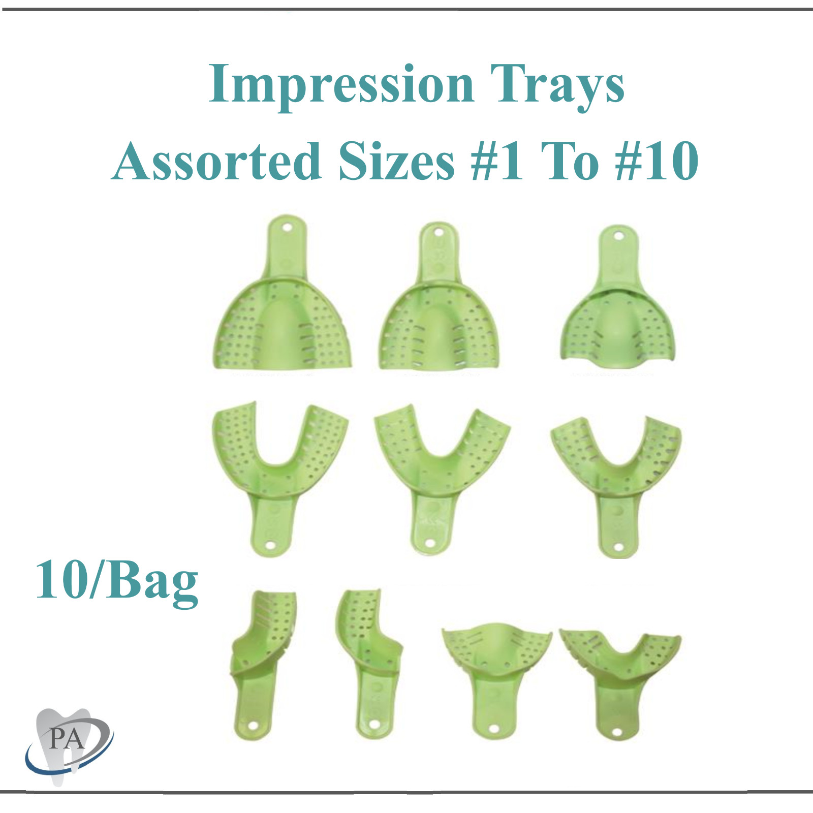 Dental Impression Trays Perforated Plastic Reusable, Assorted Bag # 1 to #10 FDA