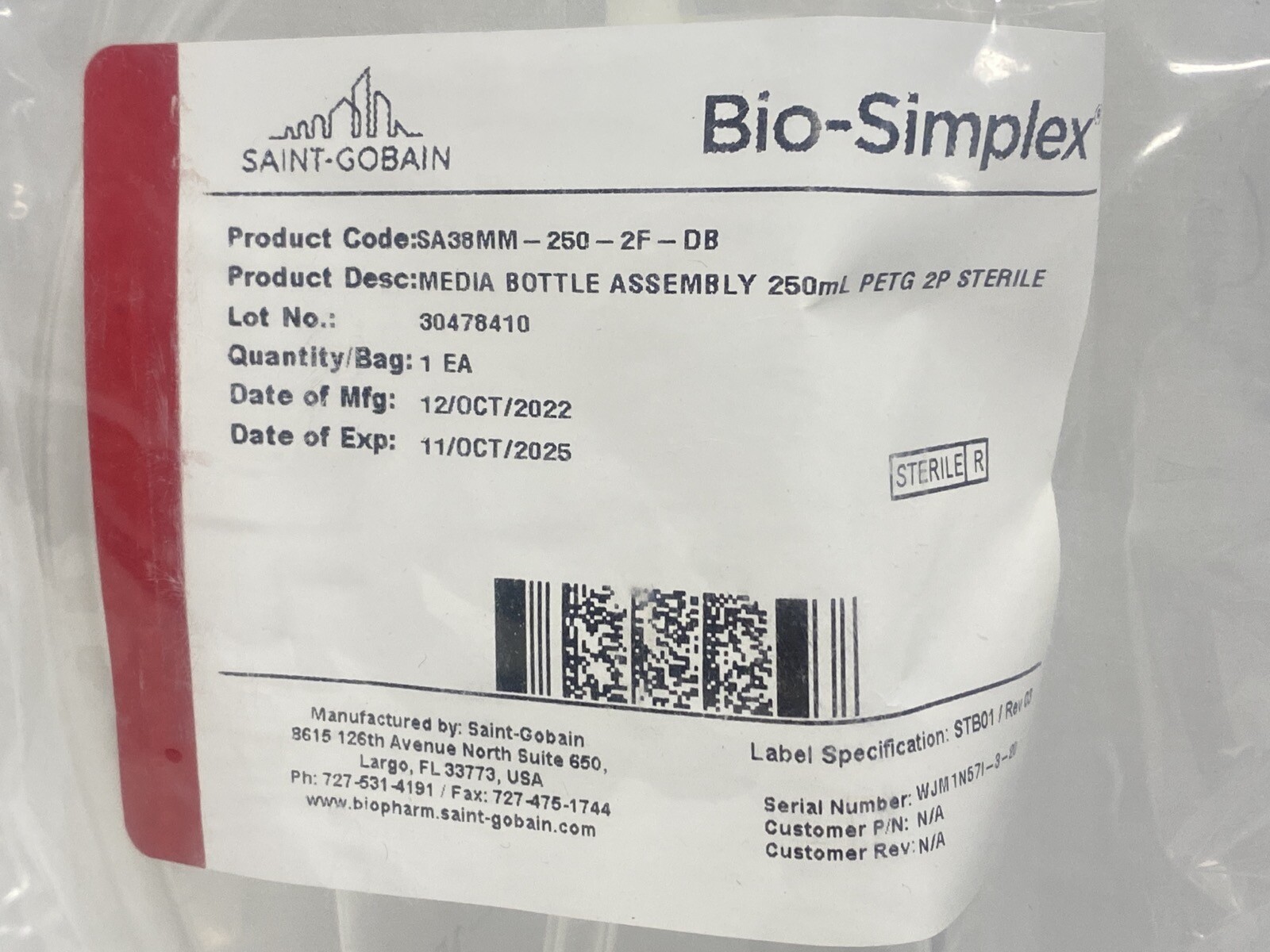 BIO-SIMPLEX 250mL PETG Media Bottle Assembly Sterile C-Flex SA38MM-250-2F-DB