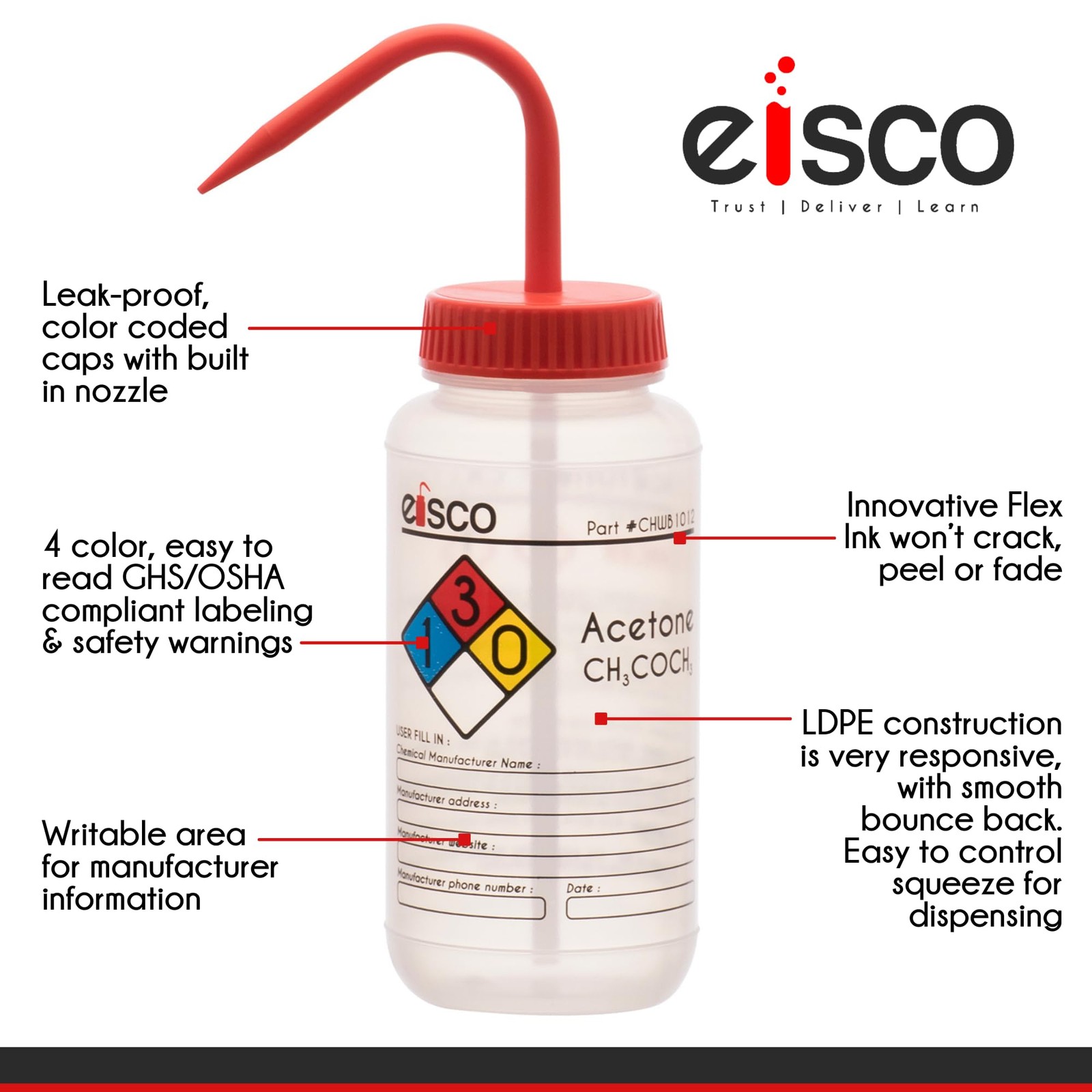 EISCO – 1 Pack Wash Bottle for Acetone, 500ml – Labeled with Color Coded Chem…